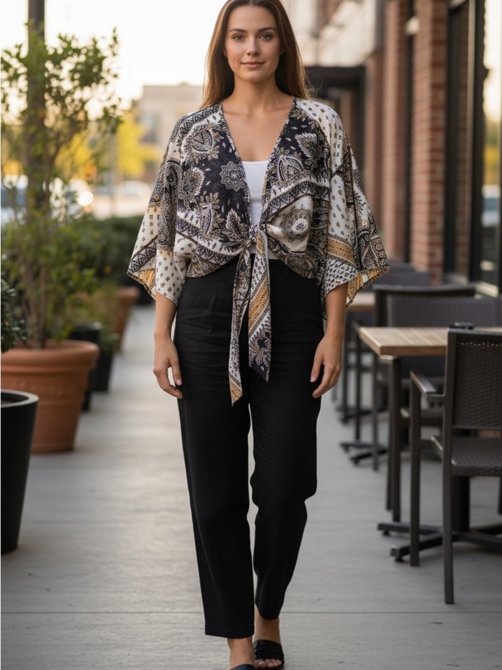 SHEIN Black, White & Gold Paisley Tie-Front Kimono Top